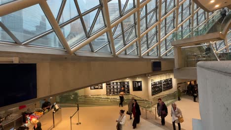 Wide-shot-of-Roy-Thomson-Hall-lobby-and-interior-architecture-in-Toronto,-static