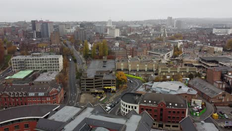 Nottingham-City-UK-rising-crane-drone-aerial-footage-vibrant-autumn-colours