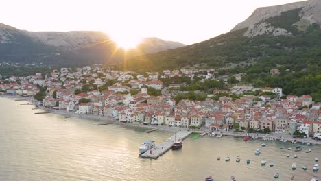 Aerial-View-Of-The-Seaport-And-Seaside-Town-At-Krk-Island-In-Croatia