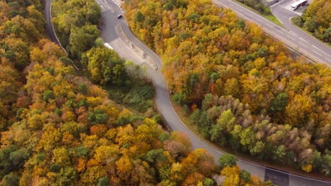 Aerial-view-of-a-highway-passing-through-an-autumnal-forest-with-lanes-and-bylanes-on-both-sides-of-the-highway-in-Thetford--Brandon-norfolk