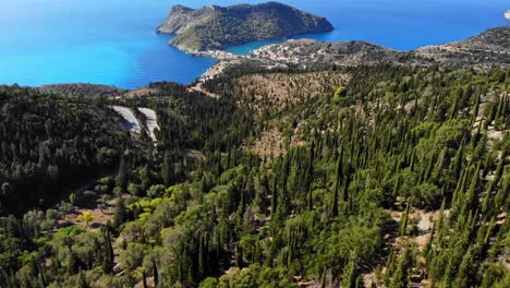 Lush-Coniferous-Forest---Asos-Kefalonia-island,-Greece---aerial-pullback