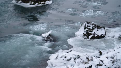 Ice-cascades-on-a-fast-flowing-river---Godafoss-waterfall-in-Skjalfandafljot-river-in-north-Iceland-during-Winter---static-shot
