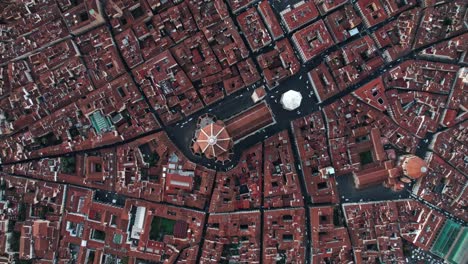 City-centre-with-traditional-street-plan-of-historic-Florence-above-Cathedral,-top-down