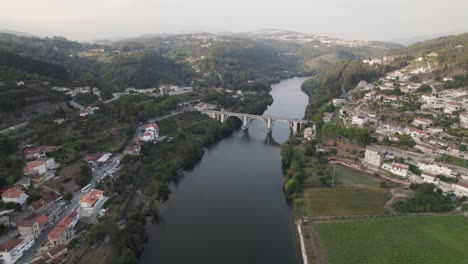 Ponte-Duarte-Pacheco-old-arched-bridge-in-Portugal,-historical-Europe-landmark