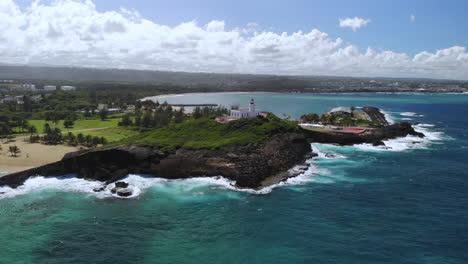 Beautiful-Drone-video-above-a-lighthouse-in-Arecibo-Puerto-Rico-during-a-blue-sky-day