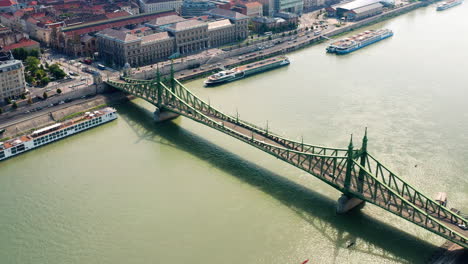 High-Aerial-view-of-Liberty-Bridge,-Budapest,-Hungary