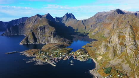 Landscape-of-village-near-Moskenes,-Lofoten-Islands,-Norway,-aerial