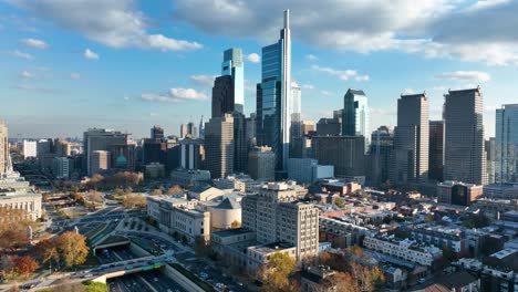 Aerial-establishing-shot-of-Philadelphia-city-skyline-in-Pennsylvania-USA