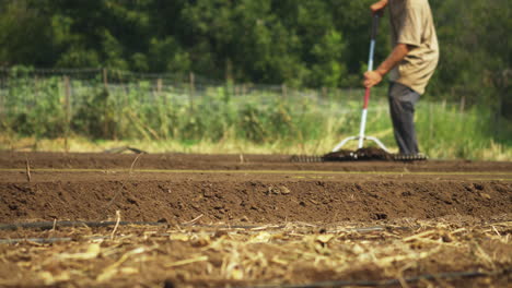 Low-angle-shot-of-a-farmer-using-a-rake-to-prepare-the-land-for-seeding,-cultivation-concept