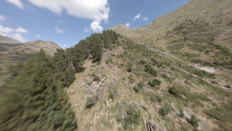 FPV-aerial-view-rising-Esterri-D'aneu-alpine-mountain-ridge-passing-woodland-trees,-Catalonia,-Spain
