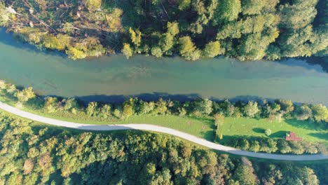 Aerial-top-down-shot-of-Kolpa-river,-a-natural-border-between-Croatia-and-Slovenia
