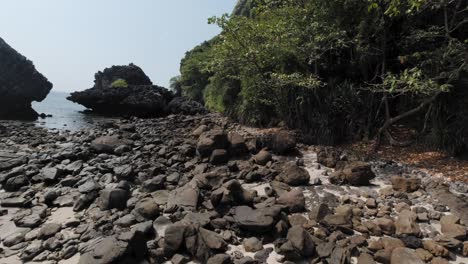 Felsen-Und-üppige-Bäume-Am-Ufer-Der-Insel-Phi-Phi-In-Thailand-Mit-Korallenriff-Unter-Dem-Klaren-Blauen-Meerwasser---Luftdrohnenaufnahme