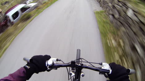 Speeding-downhill-at-Swiss-alps-on-a-bicycle-pov