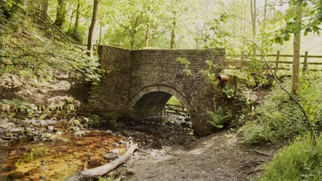 Zeitraffer-Von-Menschen,-Die-Eine-Alte-Steinbrücke-Mitten-In-Einem-Wald-überqueren,-Peak-District,-Derbyshire