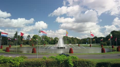 Aachen-Europaplatz-in-Germany,-roundabout-square-with-fountains-in-the-middle-and-european-flags
