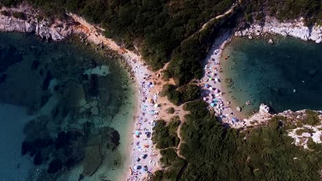Aerial-shot-of-wild-beach-full-of-sunbathing-people