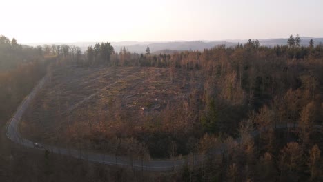 A-car-driving-through-a-severely-damaged-forest-at-sunset-during-European-winter