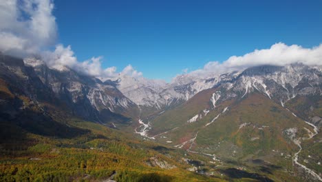 Valley-of-Theth-in-Albania,-surrounded-by-Alps-mountains,-most-liked-place-by-tourists-for-hiking-in-Autumn