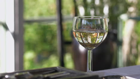 Delicious-glass-of-white-vine-in-glass-house-near-vineyard,-close-up-view