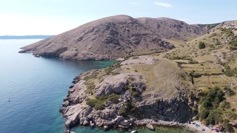 Oprna-Bay,-Krk-Island,-Kvarner,-Croatia---Aerial-Drone-View-of-Hidden-Beaches-at-the-Adriatic-Sea