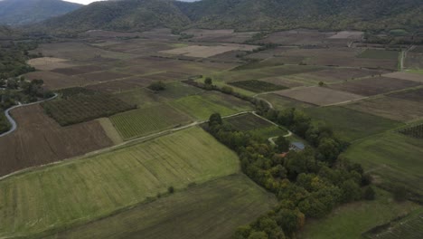 Luftbild-Auf-Landwirtschaftlichen-Feldern-In-Der-Nähe-Von-Hügeln-An-Einem-Bewölkten-Tag---Drohnenaufnahme