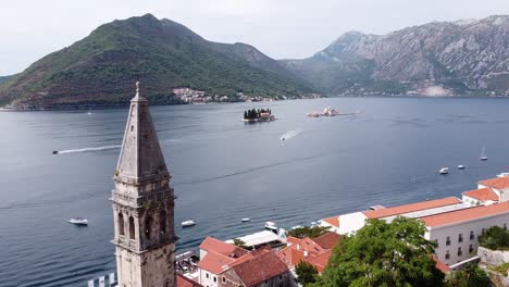 Church-and-Islands-of-Perast-at-Bay-of-Kotor,-Montenegro---Aerial