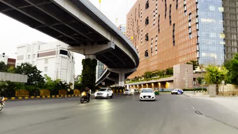 A-running-shot-of-cityscape-office-buildings-with-modern-corporate-architecture