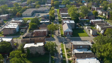Drone-Flying-Above-City-Street-in-Englewood,-Chicago