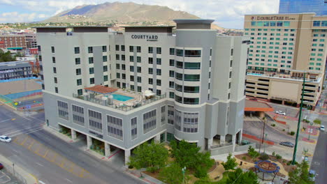 Courtyard-By-Marriott-Hotel-Building-During-Daytime-In-Downtown-El-Paso-With-Iconic-Franklin-Mountains-In-The-Background