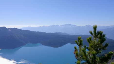Picturesque-Landscape-Of-Mountains,-Lake,-And-Blue-Sky-In-The-Daytime