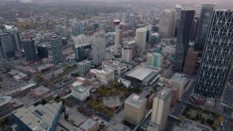 Aerial-view-of-office-buildings-in-downtown-Calgary,-fall-evening-in-Canada