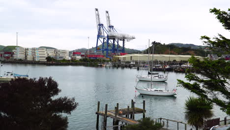 Port-Chalmers-in-Dunedin,-New-Zealand-with-shipping-containers-and-loading-cranes