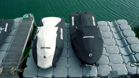 Seadoo-Jetsky-watersports-device-moored-on-dock-in-marina-port-in-Cascais-Portugal
