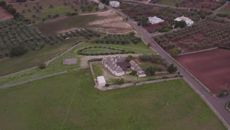 Farm-with-ancient-Trulli-dry-stone-huts-in-Italy-countryside,-aerial