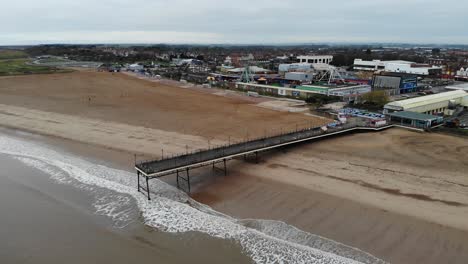 Skegness-Pier-on-a-foggy-morning-drone-video-of-Skegness,-UK