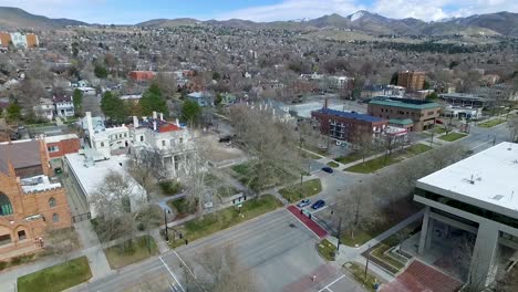 Drone-shot-of-a-city-block-covered-in-churches-in-Salt-Lake-City,-Utah