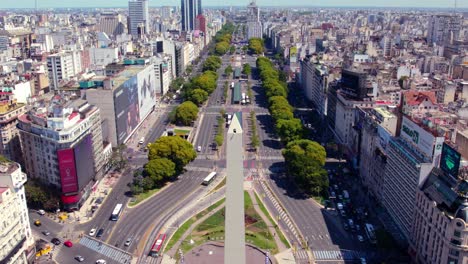 Obelisco-De-La-Ciudad-De-Buenos-Aires,-Avenida-9-De-Julio,-Toma-Aérea-Con-Luz-Del-Día-Sobre-El-Centro-De-La-Capital-Argentina