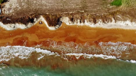 Amazing-Orange-Landscape-Of-Megas-Lakkos-Beach-In-Kefalonia-Greece---aerial-shot