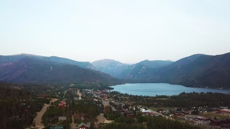 aerial-wide-view-over-Grand-Lake-town-at-misty-daytime