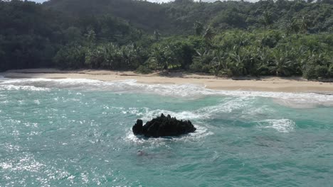Sea-waves-crashing-on-rocks-in-Samana-bay-with-jungle-in-background,-Dominican-Republic