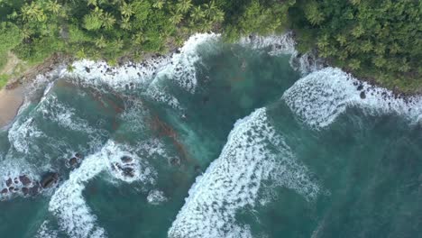 Aerial-view-above-waves-crashing-the-coast-of-Samana,-Dominican-republic---top-down,-drone-shot