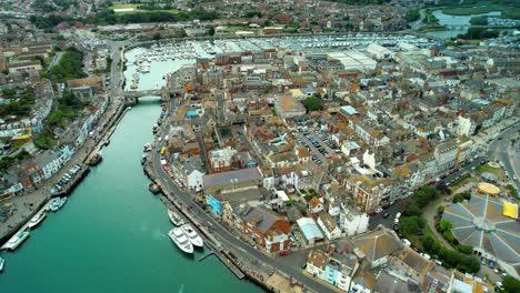 Aerial-View-Of-The-Dorset-Town-Of-Weymouth-Concentrating-On-The-Town-Centre-And-Harbour-Area---drone-shot
