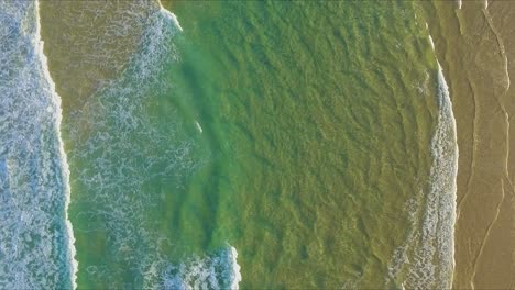 Luftaufnahme,-Die-Direkt-Nach-Unten-Blickt-Und-Einen-Blick-Aus-Der-Vogelperspektive-Auf-Das-Kristallklare-Aquamarinwasser-Vor-Dem-Strand-Von-Fraser-Island,-Queensland,-Australien,-Bietet