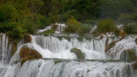 Closer-up-view-of-a-series-of-waterfalls-with-blowing-mist-at-Krka-National-Park-in-Croatia