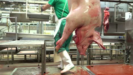 Butcher-cutting-pig-ears-and-head-in-slaughterhouse