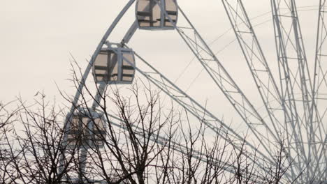 Spinning-Ferris-Wheel-With-Empty-Glass-Cabins,-Bare-Tree-Branches-On-Foreground-During-Fall-Season---medium-shot