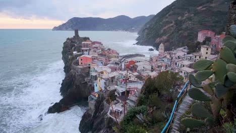 Aerial-view-of-Vernazza,-5-Terre,-at-the-blue-hour