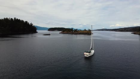 Aerial-drone-shot-of-sailboat-sailing-in-Pender-Harbour-in-British-Columbia
