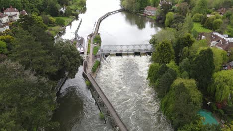 River-Thames-Henley-weir-and-Lock-Aerial-view-boat-leaving-lock