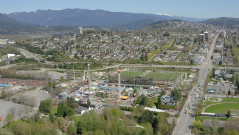 Aerial-view-over-an-empty-Playland-Amusement-Park-during-the-COVID-pandemic,-Vancouver,-British-Columbia,-Canada